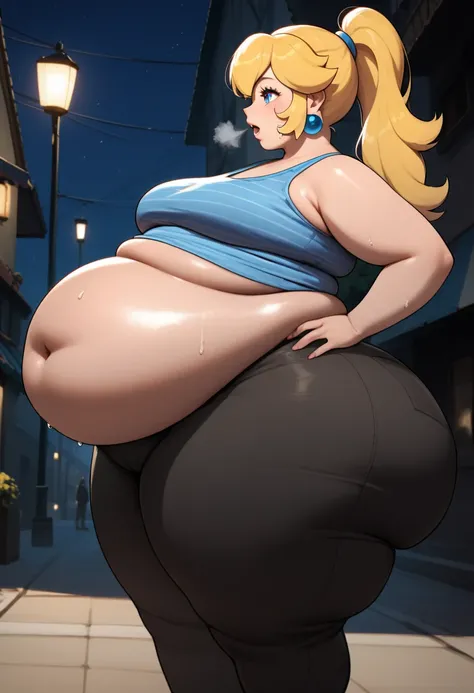 High quality, high resolution, sideview, 1 girl, princess Peach, cute, beautiful face, gorgeous eyes, ponytail, thigh highs, obese, wide hips, huge fat butt, fat thighs, plump body, fat belly, saggy belly, medium breasts,  blue tanktop,, black pants with y...