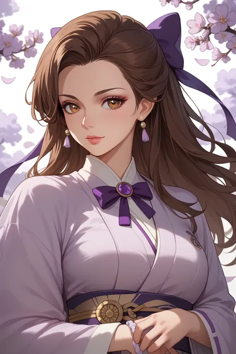 A beautiful woman with long brown hair, hazel eyes with the colors of brown and green, and fair skin. Her clothing are an inspired mix between Japanese in the Edo Period and English clothing from the Regency Era. Color of the clothing are white, dark purpl...