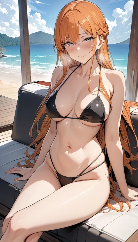 nsfw,1scene,cnc,High quality,Ultra-high resolution,High-definition illustrations,Masterpiece,extremely detailed,(orange hair), bikini, beach,Medium breasts,beautyfull curvy,mole under eye, gentle smile, (asunama), sit back on a couch, crossed legs