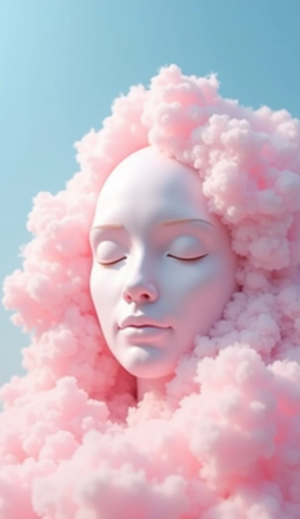 Image is a surreal digital artwork featuring a large, ethereal face emerging from a cloud-like formation. The style is dreamlike and abstract, with a focus on soft textures and pastel colors. The face, with closed eyes and slightly parted lips, appears to ...