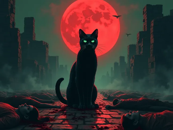 
Illustrate a dark, eerie scene where a sinister black cat stands amidst a bloody massacre of 100 humans in a desolate village square. 
The cat, with glowing emerald eyes and sleek fur glinting under the red moonlight, is both terrifying and majestic. Its ...