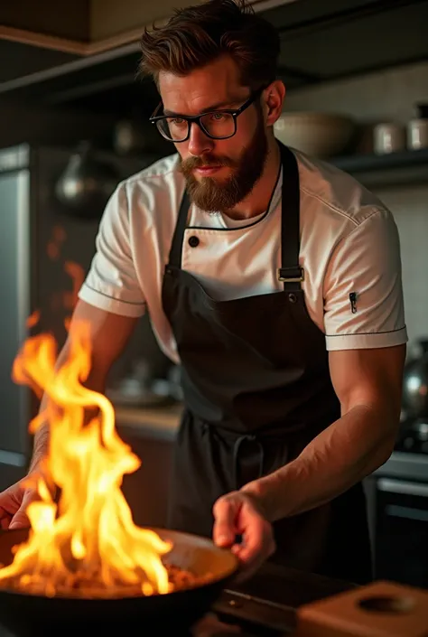  A 22-year-old tall white-skinned man ,  deep emerald green eyes ,  light brown hair , 2-day beard well-defined jaw  ,  very muscular , He is in front of a stove with a burning flame he wears thin black frame lenses he is dressed as a chef in a very sensua...