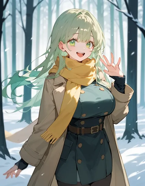 Score_9,Score_8_up,Score_7_up,highest quality, source_anime, highest quality, BREAK 1 girl, cute, 28 years old, curvy, (long hair:1.2), (light green hair, bangs, light green eyes, large breasts), oval eyes, laugh, long legs, trench coat, light yellow scarf...