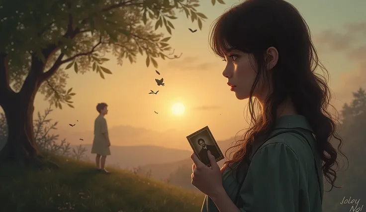 "A close-up of a man or woman looking out at a beautiful but quiet landscape, such as an evening sky with the sun setting. The face expresses sadness and longing. Holding an old photograph or a heart-shaped pendant close to his heart. The background has tr...