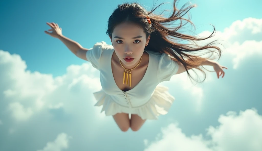 real life insert,photograph、 real、blue sky、 a woman straddling over clouds、 moving at high speed 、hair blowing in the wind、 longhair 、looking at viewer,  white dress、 White Short Sleeve V Neck ,  flare skirt, miniskirt ,  necklace,A golden red bar with bot...