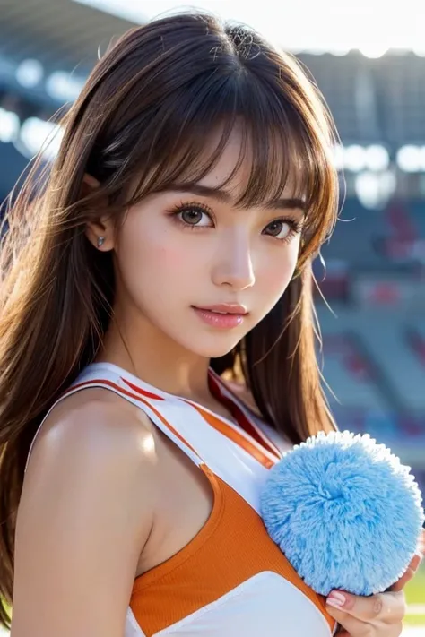 masterpiece, top quality , very detailed bust, high definition ,( realistic ,photo realistic :1.37),excellent anatomy, beautiful women alone,18 years old,: 152 cm ,Caucasian Cheerleader ,(With big pom-poms in both hands:1.5),A small smile, cheerleading, In...