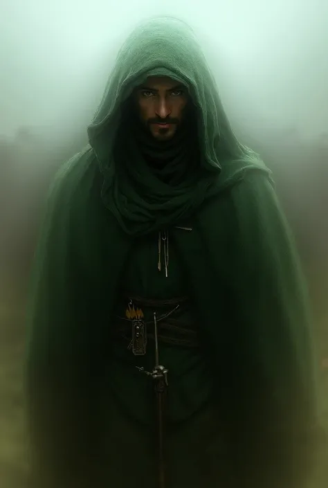 A Northern Dúnedain Ranger wearing rustic green hooded cloak, with sword belt and other gear around his waist and a quiver with arrows on his back, face down, beautiful gray eyes, leading a fellowship of others on a journey cross country. 