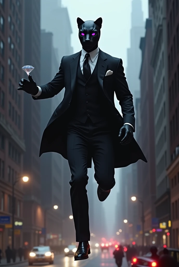 Black panther with purple eyes in a three-piece suit with police trying to stop him  ,  on a stage in 1930s New York jumping from building to building with a diamond in his hand and a hook gun in the other