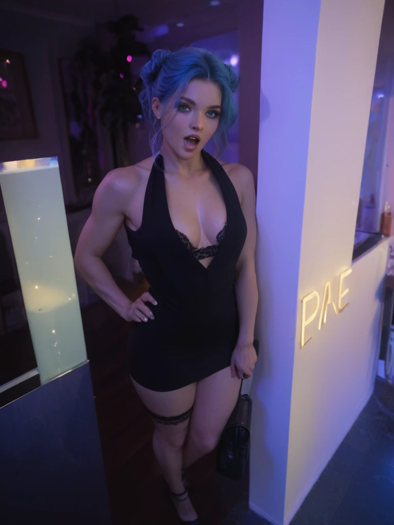 Sexy, fit, pink and blue hair, sexy legs, green eyes, open mouth
