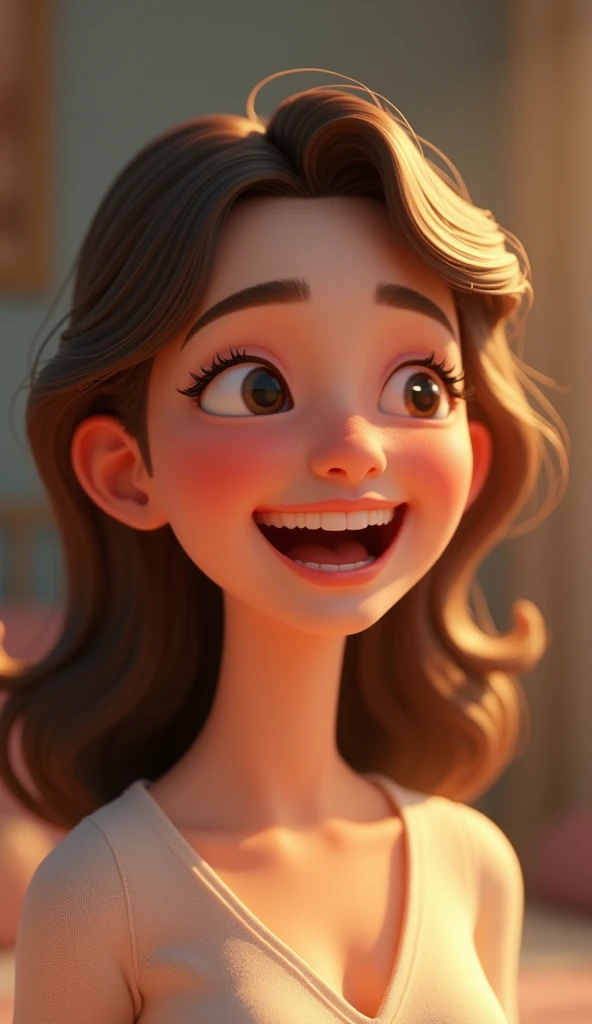 The wife is laughing, her face glowing with joy. 3d Ai animated 