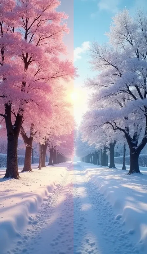 A split-screen showing a blooming spring landscape with cherry blossoms and sunlight for March contrasted against a snowy, wintry January scene. Both sides should have subtle "calendar" elements to tie the visuals to the topic.