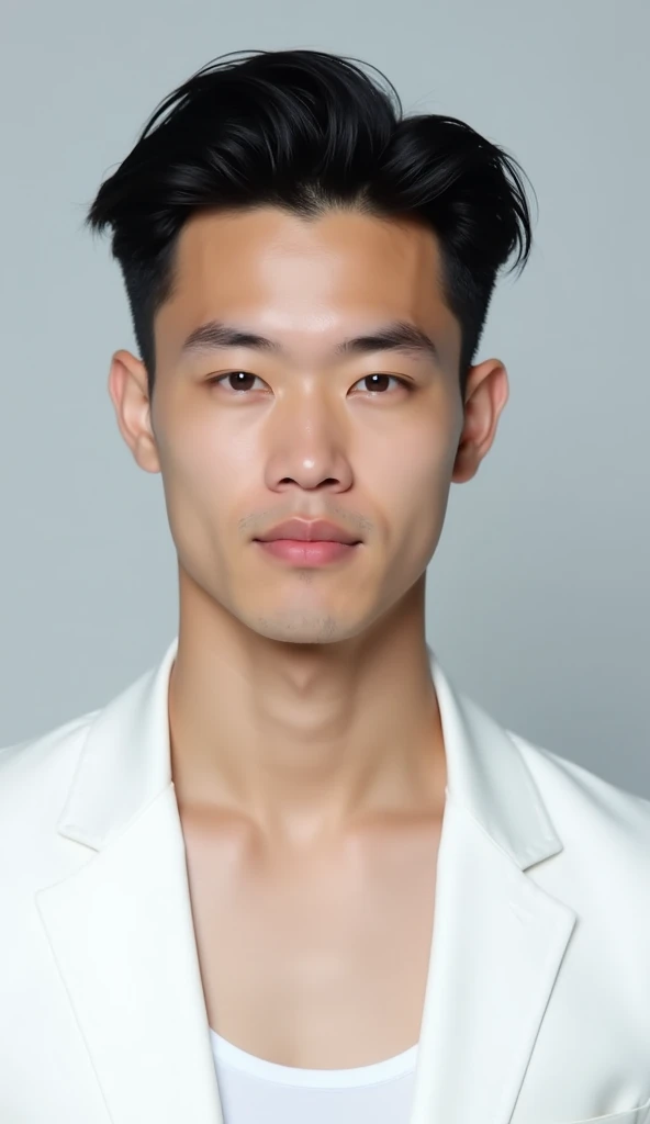 A handsome young man with a clean and smooth complexion, wearing a white suit and an open-collar white shirt. He has neat, slightly tousled black hair styled upward. His face is symmetrical and well-defined, with a sharp jawline, straight nose, and dark, i...