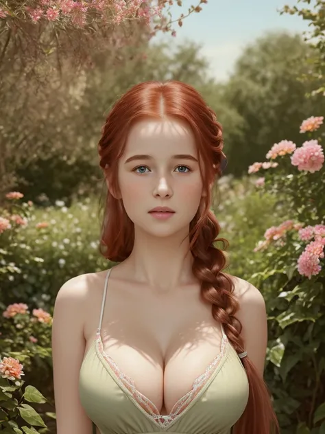 (best quality,4k,8k,highres,masterpiece:1.2),ultra-detailed,(realistic,photorealistic,photo-realistic:1.37), ((a girl in a garden,  shy, pale skin, cleavage)), ((very large bust size for her young age)), braided red hair