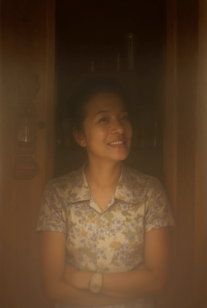 a picture taken using a vintage camera with a bad flash, during the day, in 1970, and a young Malay Malay woman aged 30 years old, sitting on a sofa in an old style, behind a cupboard full of glasses, smiling, wearing a flowered shirt, hair old style , woo...