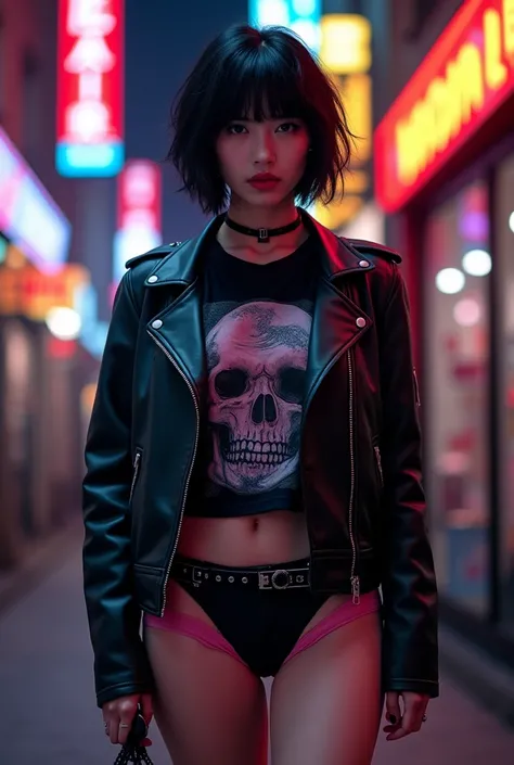 Angle from the front、Cowboy Shot、Ripped print T-shirt、City of night、((emoガール))、((emo))、bad woman、Black with short shaggy hair、Gradient Hair、(Black double rider jacket)、((black and grey mini skirt))、(((Pink Panties)))、Big Breasts、In the background is the Hi...