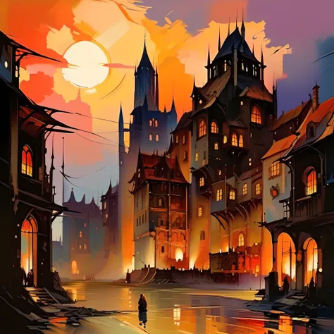 masterpiece,best composition,impressionistic painting,cinema style,summer landscape,medieval european cityscape,sunset between buildings,orange clouds,fantastic and breathtaking,restful and beautiful view.