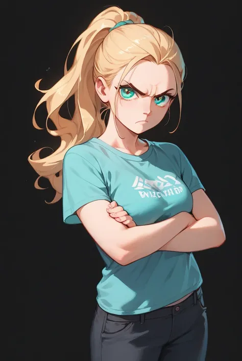 masterpiece, best quality, ultra detailed, a girl, glaring, arms crossed, looking at viewer, ponytail, forehead, blonde, aqua eyes, long-sleeved t-shirt, pants, black background, flat background, cute, kawaii, anime