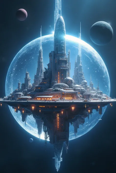 A beautiful space city in a crystal sphere in outer space with 
glowing bottom.