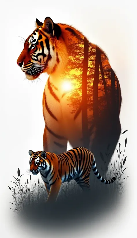 "High quality, 8K Ultra HD, a stunning double exposure featuring a muscular tiger father and his baby tiger. The father tiger’s silhouette is blended with a glowing forest at sunset, where the vibrant sunset hues of orange and gold illuminate his muscular ...