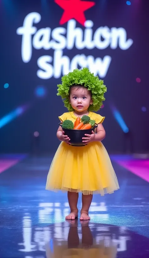   The image shows a baby standing in the center of a bright stage.   The floor reflects the surrounding lights and the show logo   "fashion show",   that is projected in the background in white letters with a red star in the middle .  The baby wears a beau...