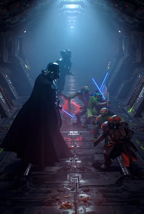 Darth Vader fighting the teenage mutant ninja turtles in a spaceship