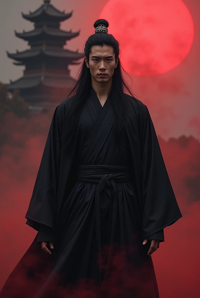 A handsome Korean guy with long black hair is standing facing us in a black road hanfu against the background of a black castle in a red fog