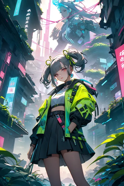 Jinhsi is in a cyberpunk world she wears a neon jacket and with a black skirt everything matches perfectly I want you to make an incredible landscape and lots of unique details