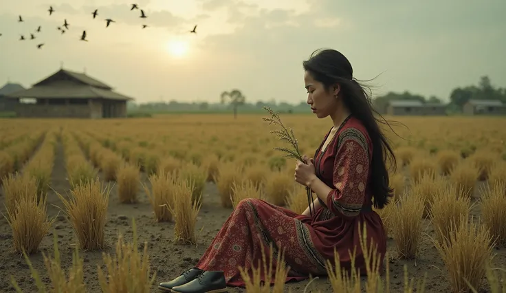 A picture of a young Isan woman in traditional dress, sitting in the middle of a dry rice field. The sky is gloomy, as if there will be rain but it has been dry for a long time. Her face is sad, one hand holding a dry rice plant, the other hand holding her...