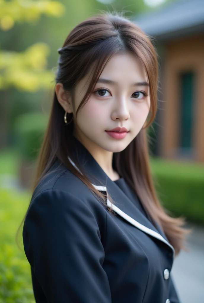 A Korean woman in a tight j school uniform, Full Body Photo ，  beautiful detailed eyes ,  Beautiful detailed lips ,  extremely detailed face , Long eyelashes, Detailed school uniform ,  Lovely expression ,  standing in a garden environment ,  blurry backgr...