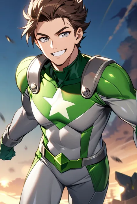  A man with a smile.  brown hair . silver eyes. Green Super hero suit. Desaliñado.