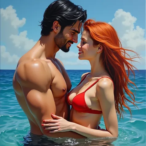 Realistic style oil painting handsome man with tall and strong black hair sapphire blue eyes BIG VERY VERY HANDSOME AND HANDSOME MUSCULAR BLUE EYES SAPPHIRE with a wide back big handsome and strong and he clutching her waist a beautiful girl the BEAUTIFUL ...