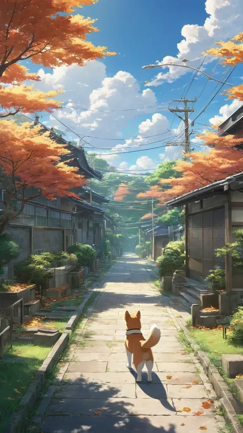 Makoto Shinkaiテイスト、 Shiba Inu Anime, Shiba Inu puppy, Chinese style，超Wide angleの視野，Beautiful autumn scenery，Schoolyard， pure ，clouds，autumn leaves， Fallen leaves spread all over the ground，Tyndall rays， OC rendering ， High Quality ，8k， Ultra-Fine，  ultra-r...