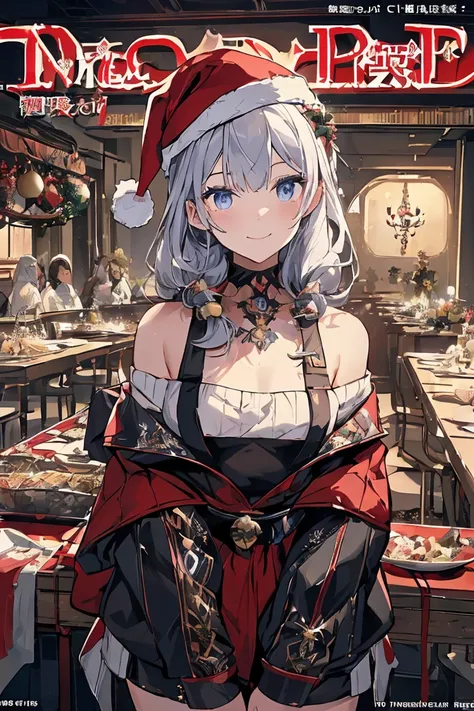 (from below:1.2),((1girl, silver hair, long hair, qutel blue eyes, beautiful eyes, pretty smile:1.5, ), ( off-shoulder dress, sweater dress,, santa hat, black tights, santa boots), (((holding ominous japanese sword:1.1 ))), ((battlescene,slashilg,killing t...