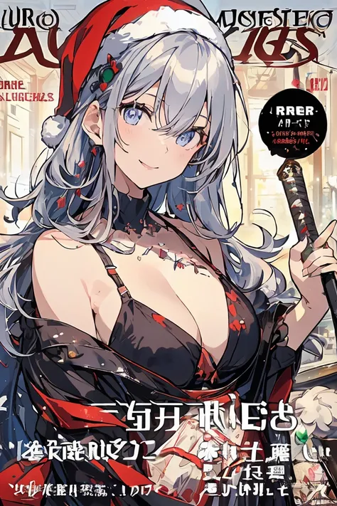 (from below:1.2),((1girl, silver hair, long hair, qutel blue eyes, beautiful eyes, pretty smile:1.5, ), ( off-shoulder dress, sweater dress,, santa hat, black tights, santa boots), (((holding ominous japanese sword:1.1 ))), ((battlescene,slashilg,killing t...