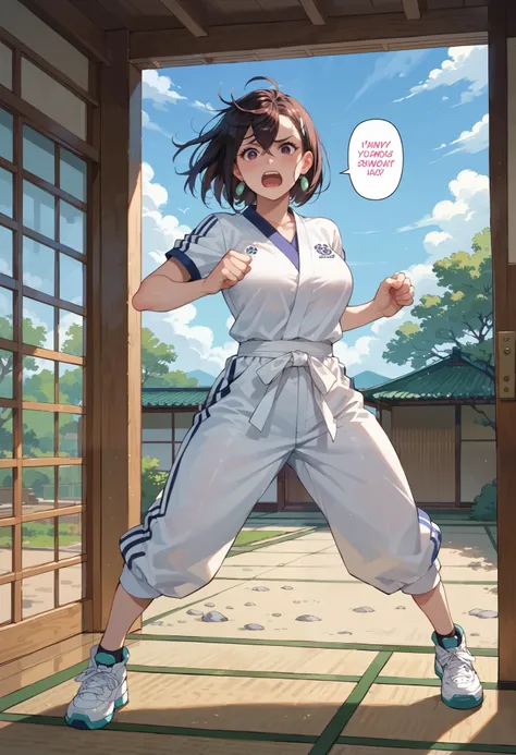 rape, Momose Momo in sumo wrestler uniform standing on tatami, large breasts, tense sumo wrestler pose, concentrated face, loud onomatopoeic speech, sunny summer day, full length front view