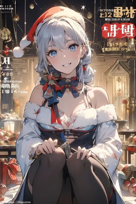 (from below:1.2),((1girl, silver hair, long hair, qutel blue eyes, beautiful eyes, pretty smile:1.5, ), ( off-shoulder dress, sweater dress,, santa hat, black tights, santa boots), (((holding ominous japanese sword:1.1 ))), ((battlescene,slashilg,killing t...