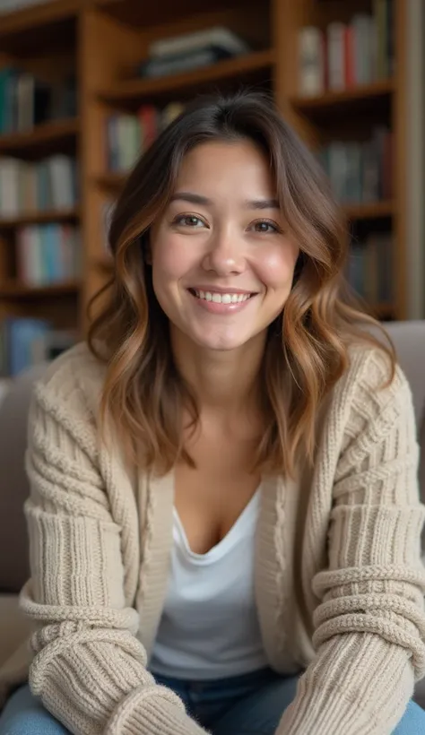 A 36-year-old woman with kind eyes, wearing a beige cardigan, sitting in a cozy living room with bookshelves in the background.