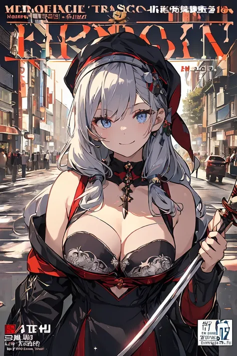 (from below:1.2),((1girl, silver hair, long hair, qutel blue eyes, beautiful eyes, pretty smile:1.5, ), ( off-shoulder dress, sweater dress,, santa hat, black tights, santa boots), (((holding ominous japanese sword:1.1 ))), ((battlescene,slashilg,killing t...