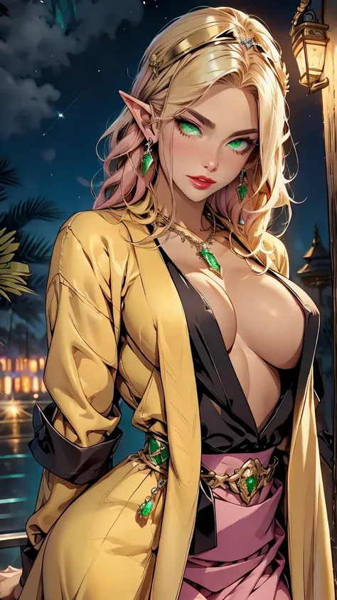 NSFW , pornographique, (((corps parfait))), The young elf queen in the crowd shows a breast to her man, textured breasts, puffy lips, pink lipstick, thick liplond golden hair)), long blond hair, pink eyes, mascara, seins moyen, robe verte style fantasy, Fi...