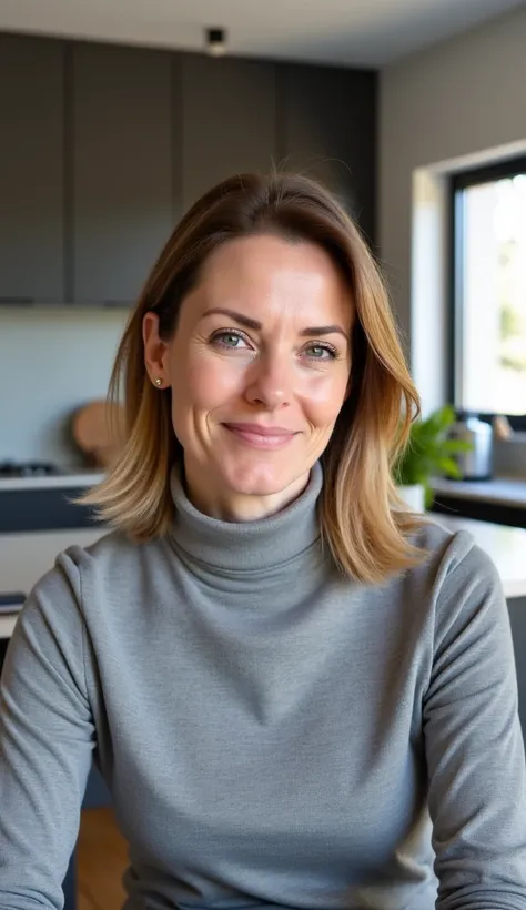 A 38-year-old woman with light brown hair, dressed in a gray turtleneck, sitting in a modern kitchen.