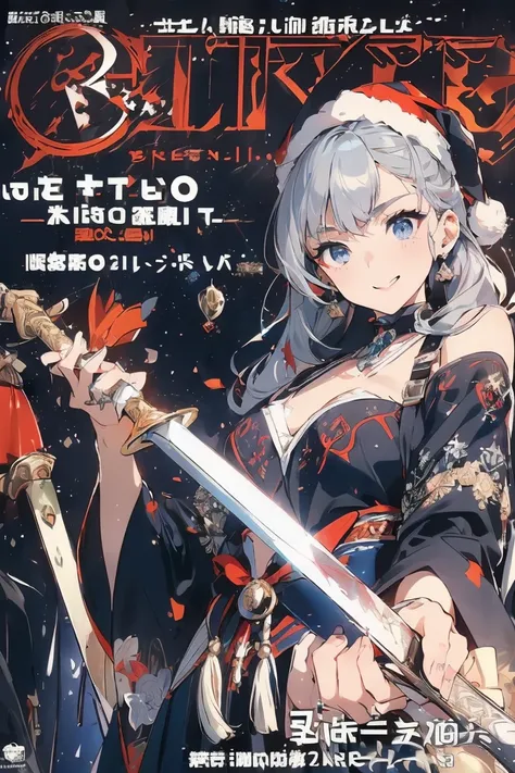 (from below:1.2),((1girl, silver hair, long hair, qutel blue eyes, beautiful eyes, pretty smile:1.5, ), ( off-shoulder dress, sweater dress,, santa hat, black tights, santa boots), (((holding ominous japanese sword:1.1 ))), ((battlescene,slashilg,killing t...