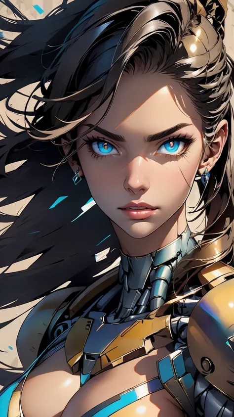 (1 Girl), Long Hair, Big Breasts, Bionic Armor, Black-based metal suit, Robot Girl, steel & Titanium Leather, metal texture, Beautiful Face, Cybernetic Eyes, Clear pupils, Sparkle in the eyes, Perfect hands(Five fingers), perfect body, Beautiful Hair, Shin...