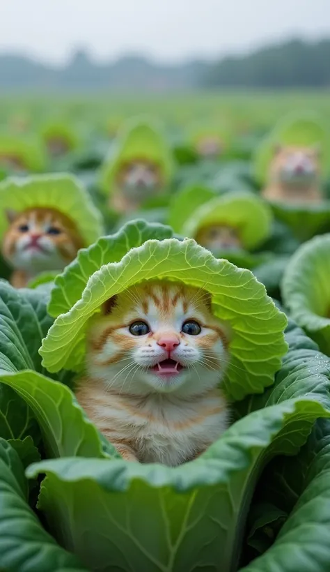  The picture is a strange and real photo featuring a large field of lush green cabbage,  each with a baby fat cat smiling inside .  baby the cat has a variable coat color , ranging from light to medium ,  and -each has a cabbage leaf adorning his head like...