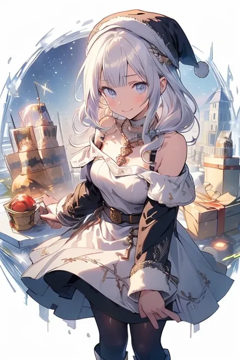 (from below:1.2),((1girl, silver hair, long hair, qutel blue eyes, beautiful eyes, pretty smile:1.5, ), ( off-shoulder dress, sweater dress,, santa hat, black tights, santa boots), (((holding ominous japanese sword:1.1 ))), ((battlescene,slashilg,killing t...