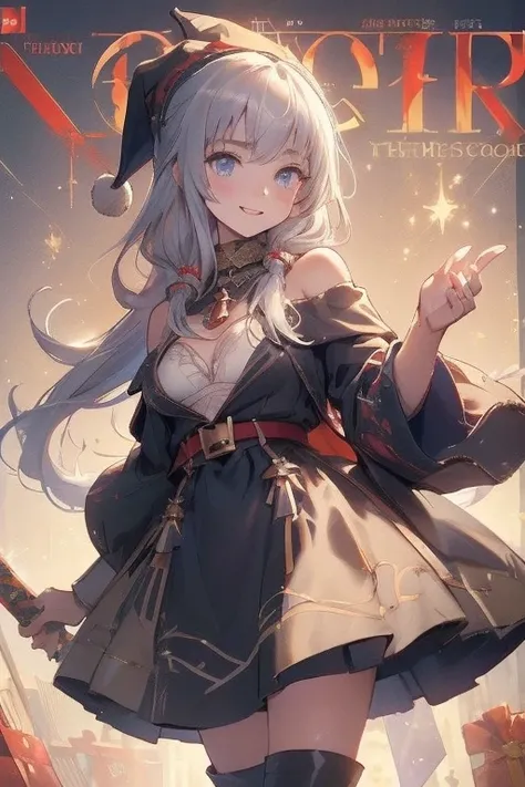 (from below:1.2),((1girl, silver hair, long hair, qutel blue eyes, beautiful eyes, pretty smile:1.5, ), ( off-shoulder dress, sweater dress,, santa hat, black tights, santa boots), (((holding ominous japanese sword:1.1 ))), ((battlescene,slashilg,killing t...