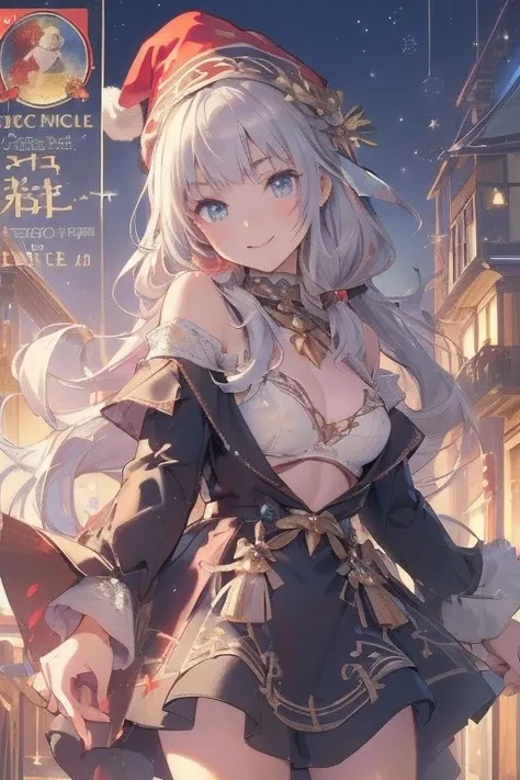 (from below:1.2),((1girl, silver hair, long hair, qutel blue eyes, beautiful eyes, pretty smile:1.5, ), ( off-shoulder dress, sweater dress,, santa hat, black tights, santa boots), (((holding ominous japanese sword:1.1 ))), ((battlescene,slashilg,killing t...