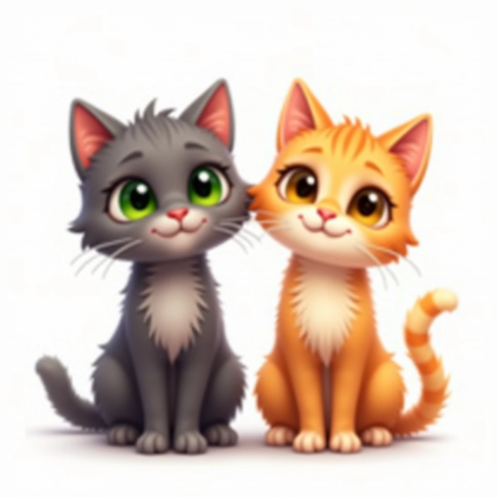 Two cute and realistic cats are sitting facing forward. They are smiling slightly. The left cat is dark gray with green eye irises. The right cat is orange with yellow eye irises. The background is white.