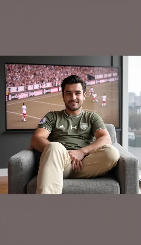 man sitting in a comfortable studio chair,  looking directly at the camera .  He has short dark hair ,  wearing a casual soccer team jersey . In the background,  there is a large screen displaying graphics ,  statistics and iconic moments from a soccer gam...