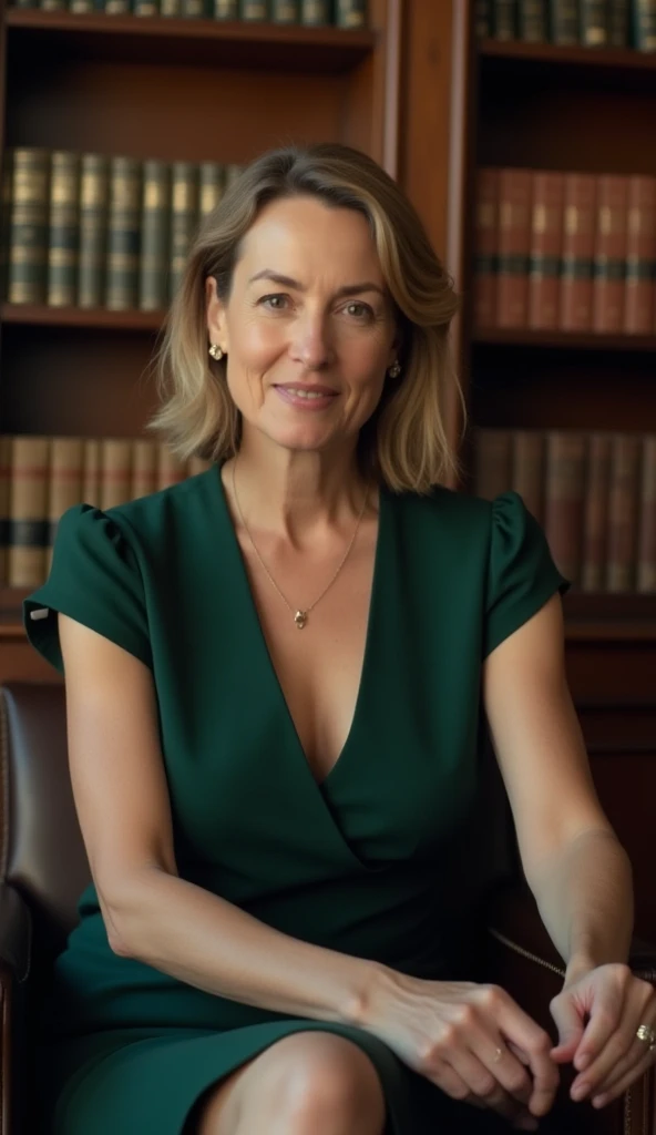 A 38-year-old woman with a confident expression, dressed in a dark green dress, sitting in a library.