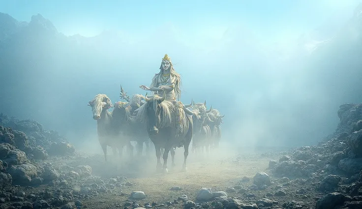 Lord Shiva on nandi and back side shiv bhoot sena walking in Himalayas 